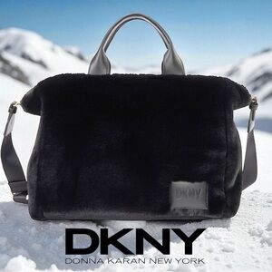 DKNY Hadlee Black Faux Fur Medium Tote Bag with Convertible Strap NWOT